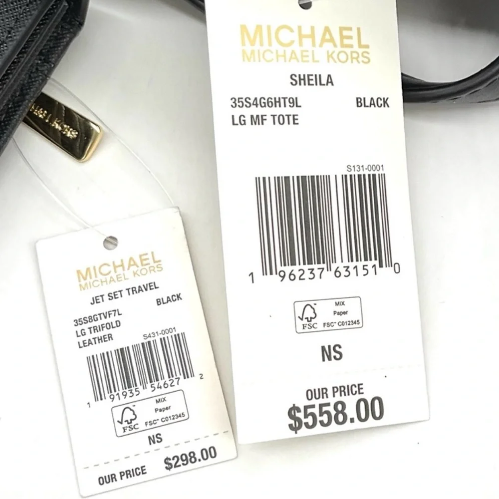 Michael Kors Bag Large Sheila Mf Tote Bag & Large Trifold Wallet Black/Gold - Picture 14 of 14